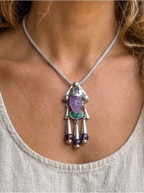 Vintage Taxco Mexico Sterling silver amethyst & malachite warrior pendant